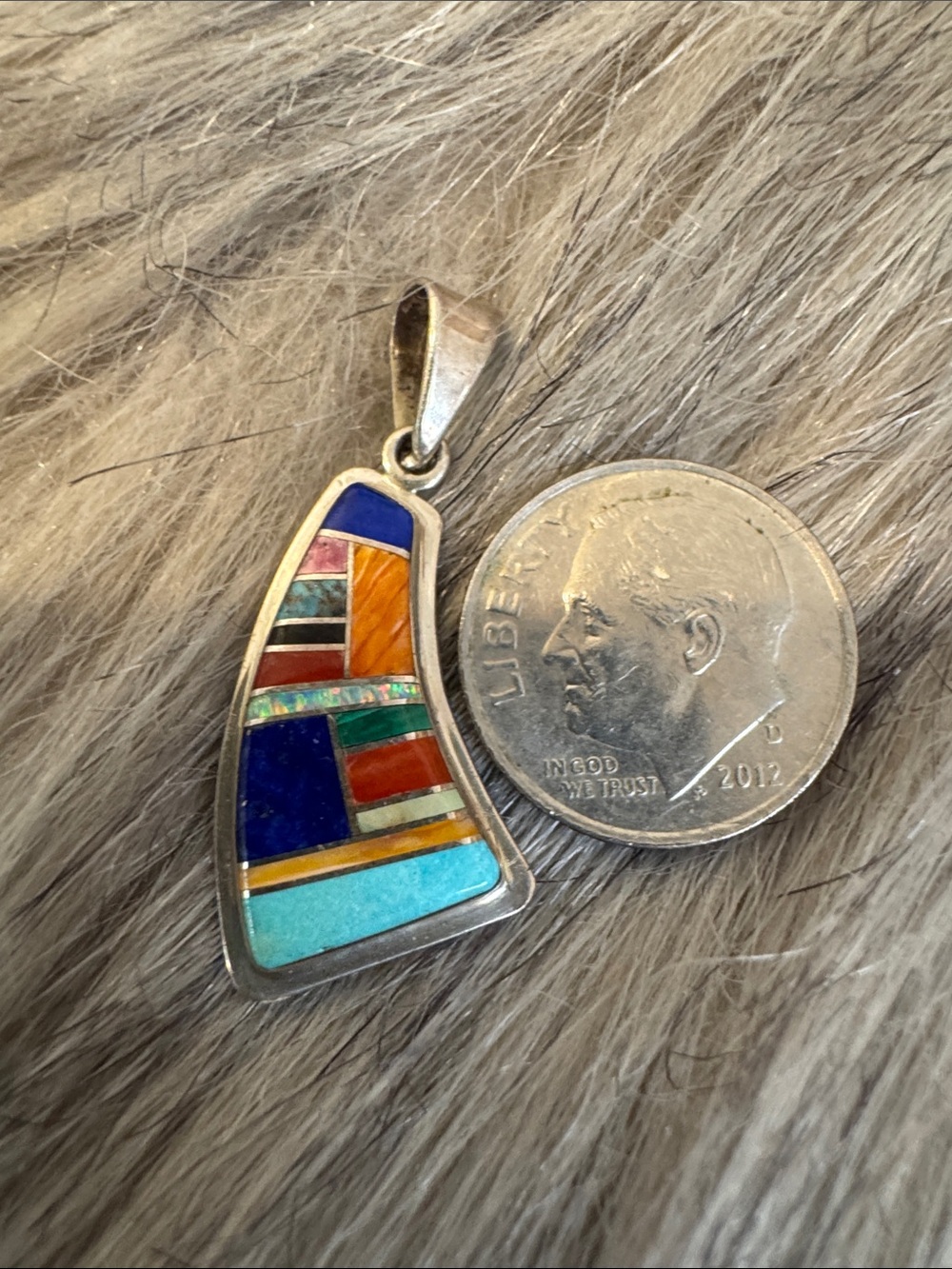 Native American Handcrafted Multi-Color Inlay Silver Pendant - Turquoise, Lapis - Picture 3 of 6